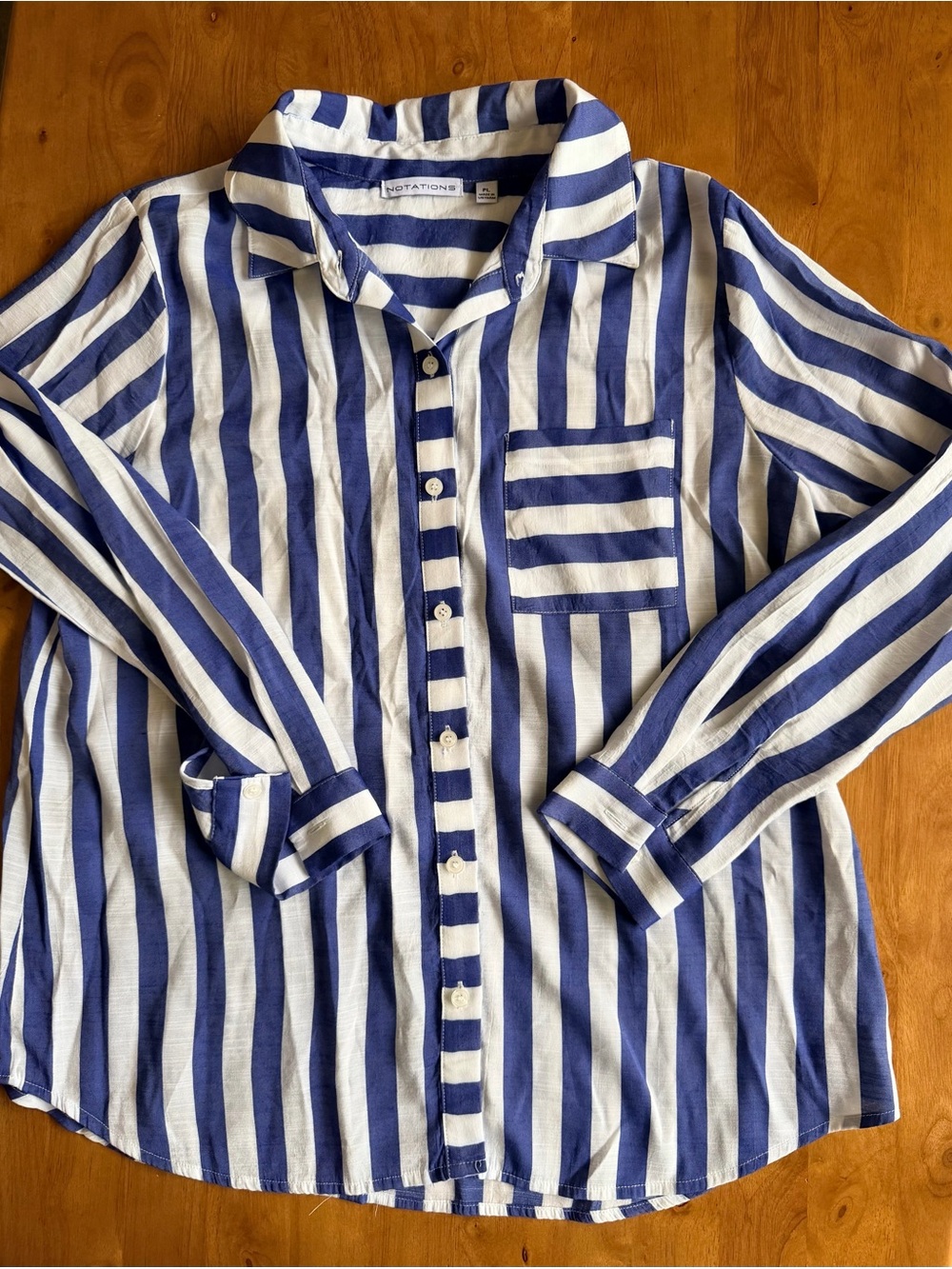 Notations Womens Blue White Striped Button Down Shirt Long Sleeve Petite Large